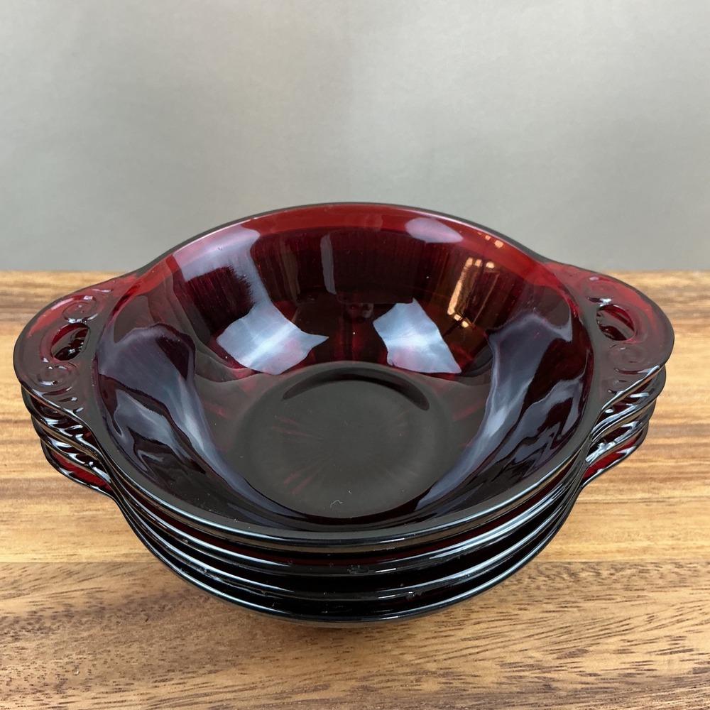 Anchor‎ Hocking Coronation Royal Ruby Berry Dessert Bowls 5.75" Lug Handle Set 4